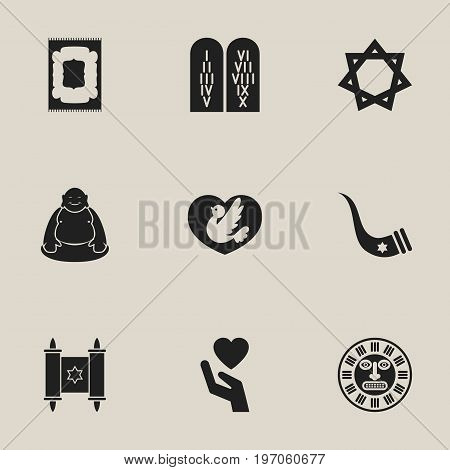 Set Of 9 Editable Religion Icons. Includes Symbols Such As Ancient Stone Text, David Star, Tusk And More