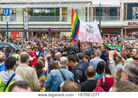 BERLIN GERMANY - JUNE 27 2015: Christopher Street Day (CSD). The annual European LGBT celebration and demonstration held in Berlin for the rights of LGBT people and against discrimination and exclusion.