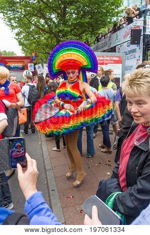 BERLIN GERMANY - JUNE 27 2015: Christopher Street Day (CSD). The annual European LGBT celebration and demonstration held in Berlin for the rights of LGBT people and against discrimination and exclusion.