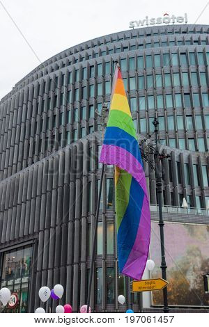 BERLIN GERMANY - JUNE 27 2015: Christopher Street Day (CSD). The annual European LGBT celebration and demonstration held in Berlin for the rights of LGBT people and against discrimination and exclusion.
