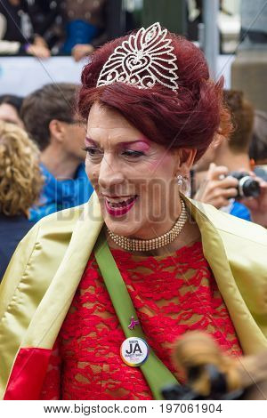 BERLIN GERMANY - JUNE 27 2015: Christopher Street Day (CSD). The annual European LGBT celebration and demonstration held in Berlin for the rights of LGBT people and against discrimination and exclusion.