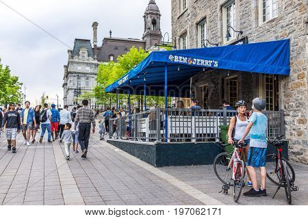 Montreal, Canada - May 27, 2017: Old Town Area With People Walking Up Street In Evening Outside Ben