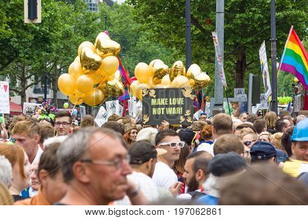 BERLIN GERMANY - JUNE 27 2015: Christopher Street Day (CSD). The annual European LGBT celebration and demonstration held in Berlin for the rights of LGBT people and against discrimination and exclusion.