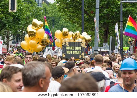BERLIN GERMANY - JUNE 27 2015: Christopher Street Day (CSD). The annual European LGBT celebration and demonstration held in Berlin for the rights of LGBT people and against discrimination and exclusion.