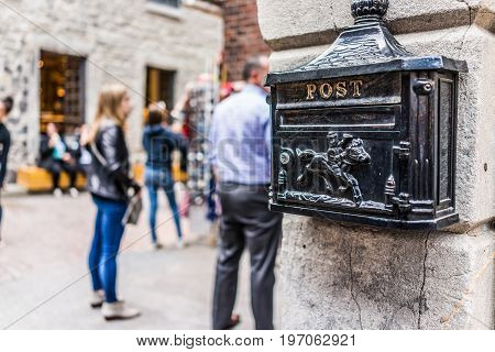 Montreal, Canada - May 27, 2017: Old Town Area With Closeup Of Post Mail Box In Evening Outside In Q