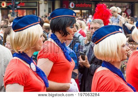 BERLIN GERMANY - JUNE 27 2015: Christopher Street Day (CSD). The annual European LGBT celebration and demonstration held in Berlin for the rights of LGBT people and against discrimination and exclusion.