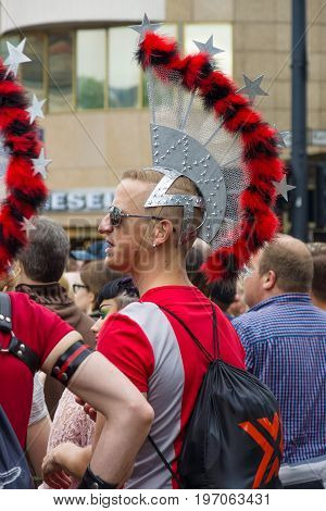 BERLIN GERMANY - JUNE 27 2015: Christopher Street Day (CSD). The annual European LGBT celebration and demonstration held in Berlin for the rights of LGBT people and against discrimination and exclusion.