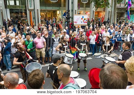 BERLIN GERMANY - JUNE 27 2015: Christopher Street Day (CSD). The annual European LGBT celebration and demonstration held in Berlin for the rights of LGBT people and against discrimination and exclusion.