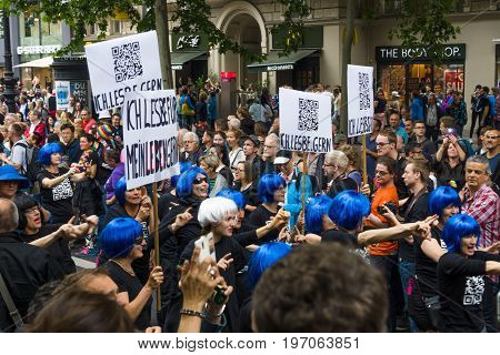BERLIN GERMANY - JUNE 27 2015: Christopher Street Day (CSD). The annual European LGBT celebration and demonstration held in Berlin for the rights of LGBT people and against discrimination and exclusion.