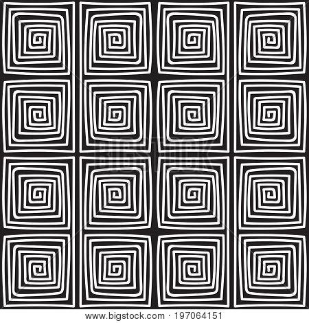 Seamless monochrome hand drawn meander pattern on black background. Design for background, paper packaging, wrapping paper. Vector illustration.