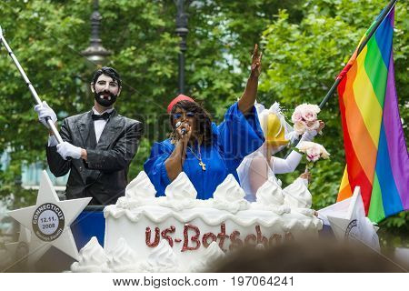 BERLIN GERMANY - JUNE 27 2015: Christopher Street Day (CSD). The annual European LGBT celebration and demonstration held in Berlin for the rights of LGBT people and against discrimination and exclusion.