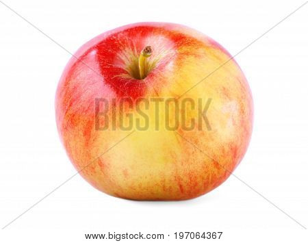 Fresh and colorful apple with clipping path isolated over the white background. A single whole and perfectly round apple close-up. Nutritious red and green apple full of vitamins.