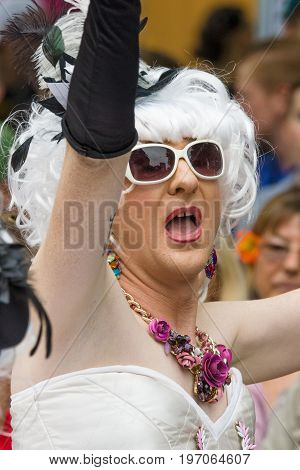 BERLIN GERMANY - JUNE 27 2015: Christopher Street Day (CSD). The annual European LGBT celebration and demonstration held in Berlin for the rights of LGBT people and against discrimination and exclusion.