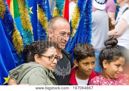 BERLIN GERMANY - JUNE 27 2015: Christopher Street Day (CSD). The annual European LGBT celebration and demonstration held in Berlin for the rights of LGBT people and against discrimination and exclusion.