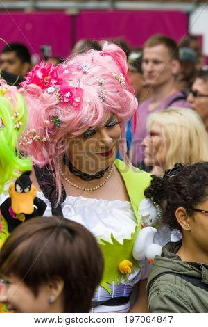 BERLIN GERMANY - JUNE 27 2015: Christopher Street Day (CSD). The annual European LGBT celebration and demonstration held in Berlin for the rights of LGBT people and against discrimination and exclusion.