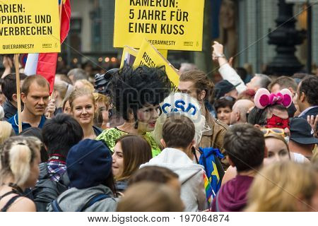 BERLIN GERMANY - JUNE 27 2015: Christopher Street Day (CSD). The annual European LGBT celebration and demonstration held in Berlin for the rights of LGBT people and against discrimination and exclusion.