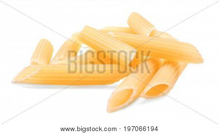 A group of penne rigate macaroni isolated over the white background. A pile of uncooked penne rigate. Delicious and nutritious flour products. Ingredients for tasteful  itlalin meals.