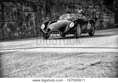 GOLA DEL FURLO, ITALY - MAY 19: BANDINI 750 SPORT INTERNAZIONALE 1957 on an old racing car in rally Mille Miglia 2017 the famous italian historical race (1927-1957) on May 19 2017