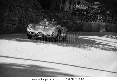 GOLA DEL FURLO, ITALY - MAY 19: PORSCHE 550 SPYDER RS 1955 on an old racing car in rally Mille Miglia 2017 the famous italian historical race (1927-1957) on May 19 2017