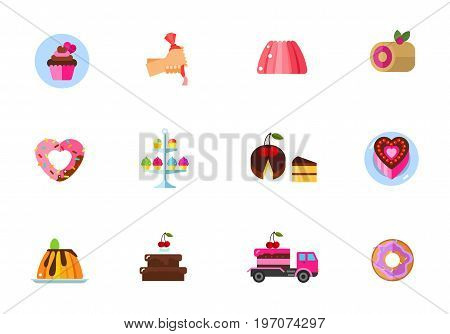 Cakes icon set. Cupcake Cake decoration Jelly Roll cake Heart-shaped donut Sweet stand Piece Heart-shaped cake Creamy caramel flat dessert Chocolate dessert Delivery by truck Doughnut