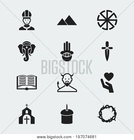 Set Of 12 Editable Religion Icons. Includes Symbols Such As Eye On Hand , Gospel , Poniard