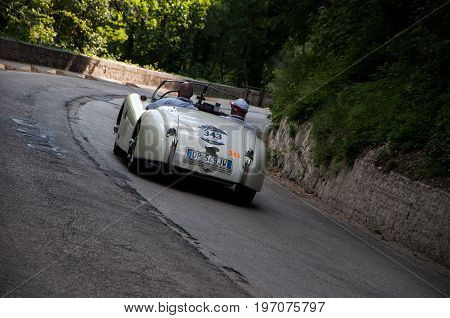 GOLA DEL FURLO, ITALY - MAY 19: JAGUAR XK 120 OTS ROADSTER 1954 on an old racing car in rally Mille Miglia 2017 the famous italian historical race (1927-1957) on May 19 2017