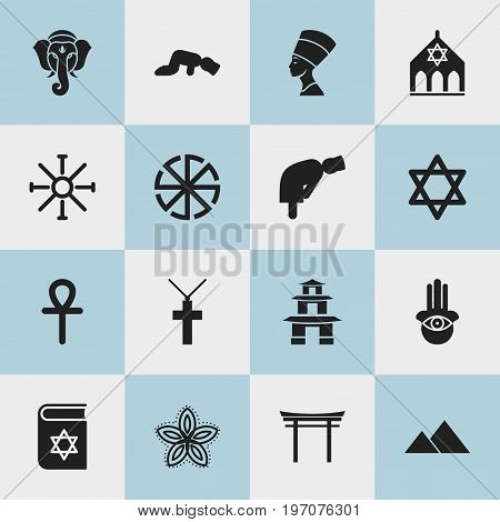 Set Of 16 Editable Faith Icons. Includes Symbols Such As Temple, Sajdah, Bible And More