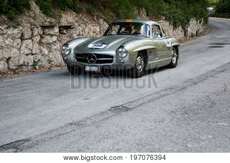 GOLA DEL FURLO, ITALY - MAY 19: FERRARI 750 MONZA SPIDER SCAGLIETTI 1954 on an old racing car in rally Mille Miglia 2017 the famous italian historical race (1927-1957) on May 19 2017