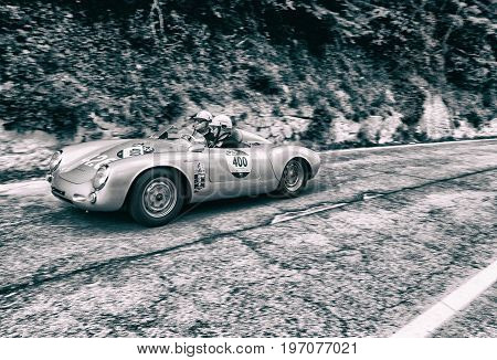 GOLA DEL FURLO, ITALY - MAY 19: PORSCHE 550 SPYDER RS 1955 on an old racing car in rally Mille Miglia 2017 the famous italian historical race (1927-1957) on May 19 2017