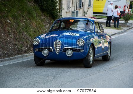 GOLA DEL FURLO, ITALY - MAY 19: ALFA ROMEO GIULIETTA SPRINT VELOCE 1956 on an old racing car in rally Mille Miglia 2017 the famous italian historical race (1927-1957) on May 19 2017