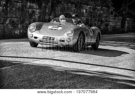 GOLA DEL FURLO, ITALY - MAY 19: PORSCHE 550 SPYDER RS 1955 on an old racing car in rally Mille Miglia 2017 the famous italian historical race (1927-1957) on May 19 2017