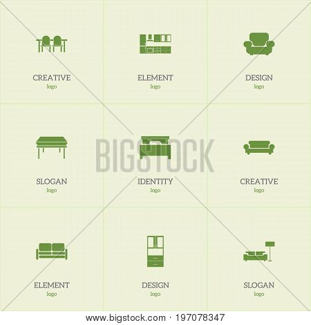 Set Of 9 Editable Furniture Icons. Includes Symbols Such As Trestle, Wardrobe, Settee And More