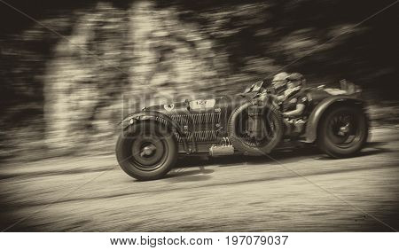 GOLA DEL FURLO, ITALY - MAY 19: ALFA ROMEO 8C 2900 BOTTICELLA 1936 on an old racing car in rally Mille Miglia 2017 the famous italian historical race (1927-1957) on May 19 2017