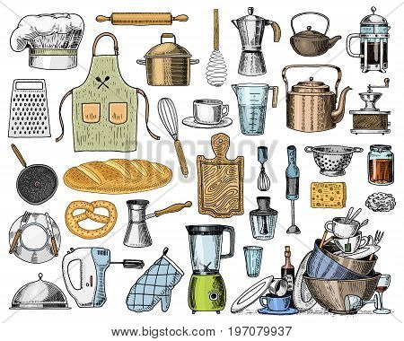 Apron or pinaphora and Hood, rolling pin and saucepan or corolla, wooden board. Chef and dirty kitchen utensils, cooking stuff for menu decoration. engraved hand drawn in old sketch and vintage style
