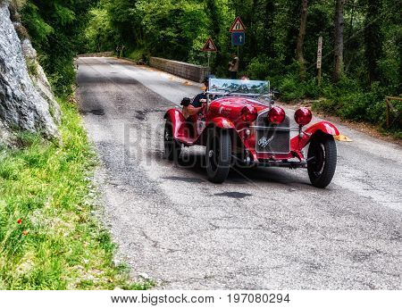 GOLA DEL FURLO, ITALY - MAY 19: ALFA ROMEO 6C 1750 GRAN SPORT 1930 on an old racing car in rally Mille Miglia 2017 the famous italian historical race (1927-1957) on May 19 2017