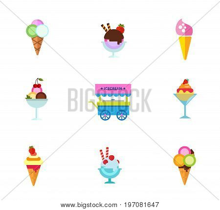 Ice cream dessert icon set. Ice cream Chocolate and strawberry Cone Cherry dessert in bowl Ice cream cart Glass bowl Waffle cone Strawberry dessert Balls in waffle scoop