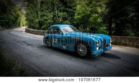 GOLA DEL FURLO, ITALY - MAY 19: Talbot Lago T26 GS Berlinette 1950 on an old racing car in rally Mille Miglia 2017 the famous italian historical race (1927-1957) on May 19 2017