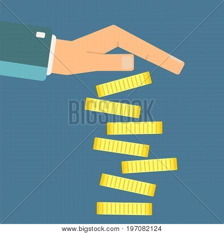 Gold coins falling from businessman hand. Vector illustration.