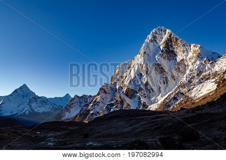 Himalaya Beautiful Mountain Peaks from Cho La Pass Inspirational Autumn Himalayas Landscape in Everest National Park Travel Nepal.