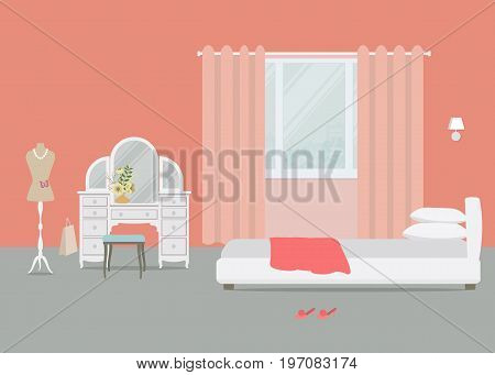 Bedroom in an orange color. There is a dressing table, a chair, a bed with pillows, a dummy and other objects on a window background in the picture. Vector flat illustration