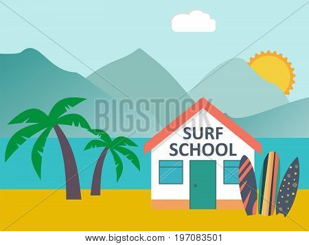 Travel and vacation. Surfboards standing in sand beach near surf school. Vector illustration.