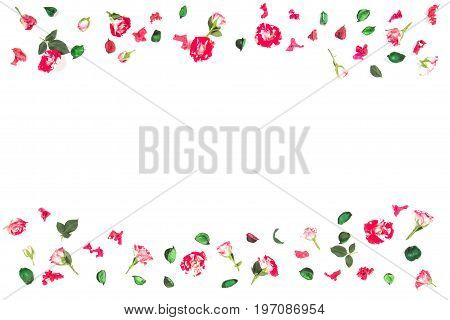 Flowers composition. Frame border made of fresh roses and dried flowers. Flat lay, top view