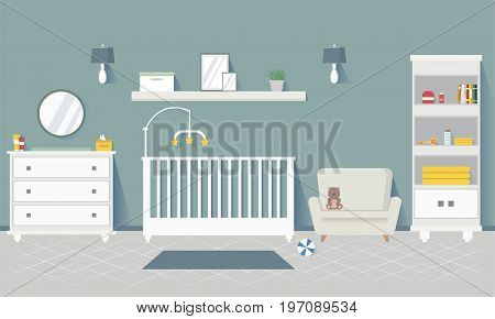 Baby room with furniture. Stylish interior. Flat style vector illustration.