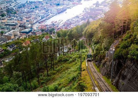 Floibanen funicular to Mt Floyen at Bergen City, from Top of Mount Floyen Glass Balcony Viewpoint mountain in Norway