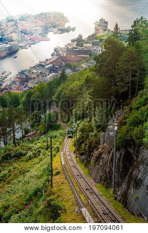 Floibanen funicular to Mt Floyen at Bergen City, from Top of Mount Floyen Glass Balcony Viewpoint mountain in Norway