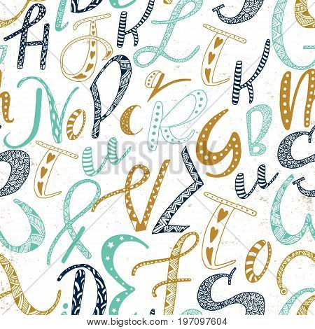 Unique Hand Drawn Latin Alphabet Seamless Pattern. Cute Vector Doodle Abc Different Size Letters Dra