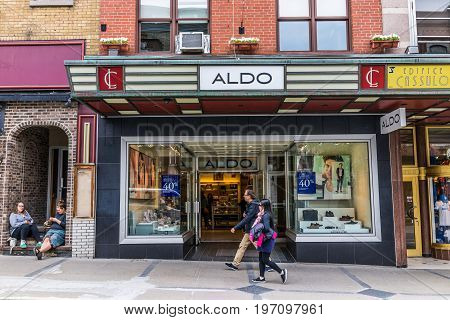 Quebec City, Canada - May 29, 2017: Aldo Store In Old Town Street With People Walking By On Sidewalk