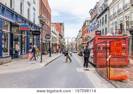 Quebec City, Canada - May 29, 2017: Old Town Street With People Walking By Restaurants And Construct