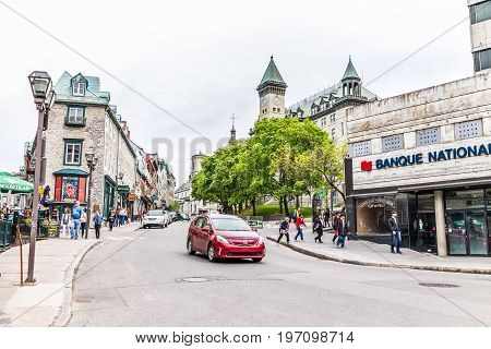 Quebec City, Canada - May 29, 2017: Old Town Street Panorama With Sign For Banque Nationale, Restaur