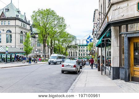 Quebec City, Canada - May 29, 2017: Old Town Street With Hotel De Ville City Hall Road And Many Peop